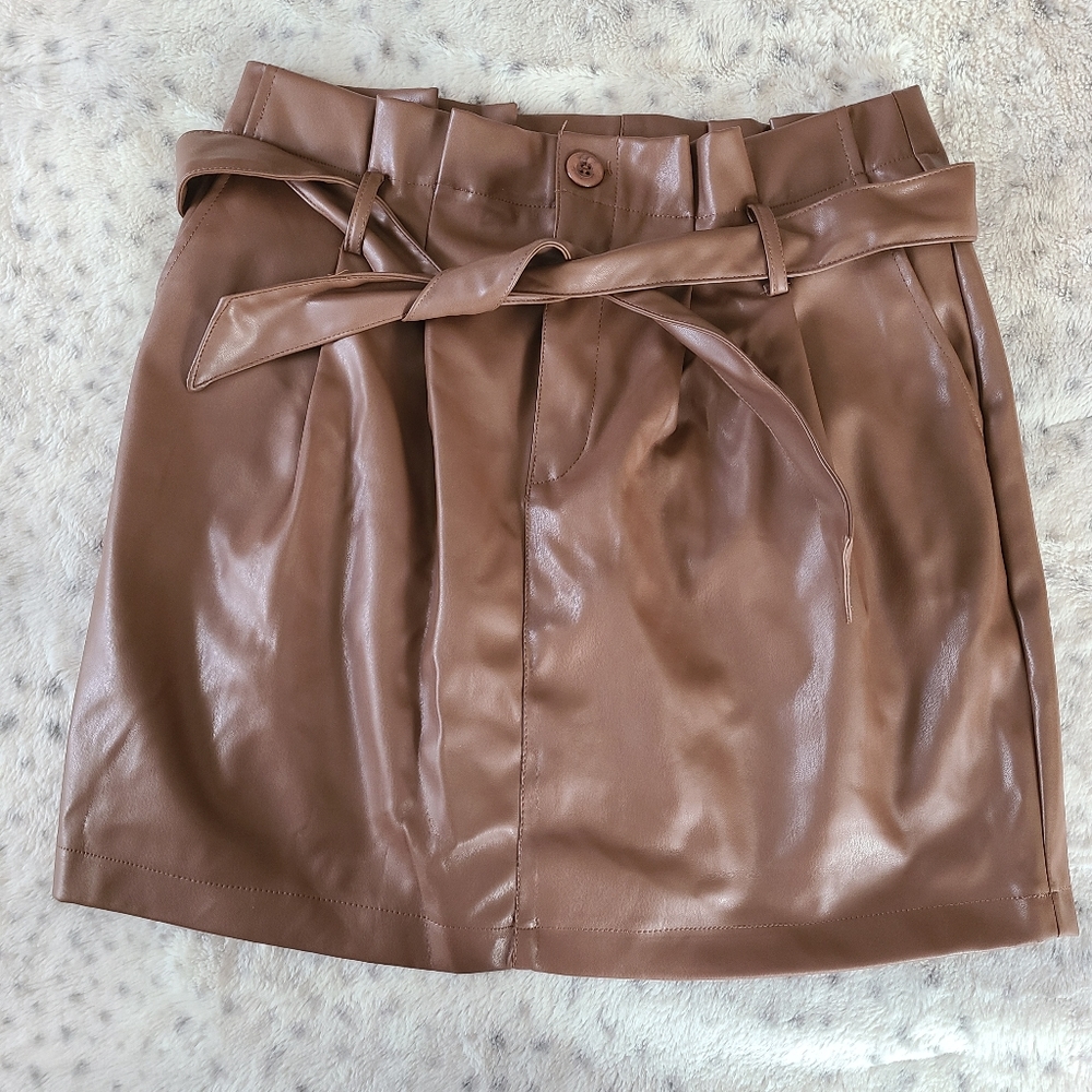 Kendall + Kylie Leather Like Skirt Sexy Belted Brown Mini Skirt